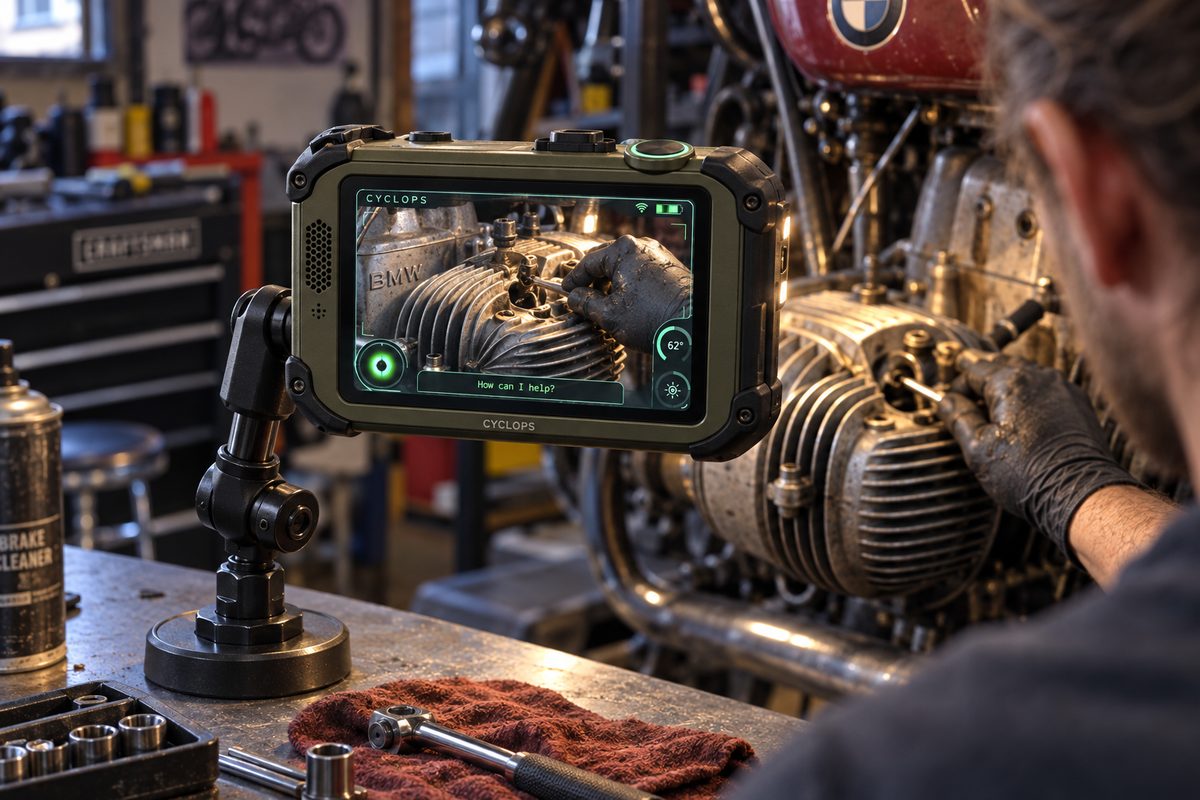 Concept render: a rugged olive Cyclops on an articulated arm next to a motorcycle engine, its screen showing the engine