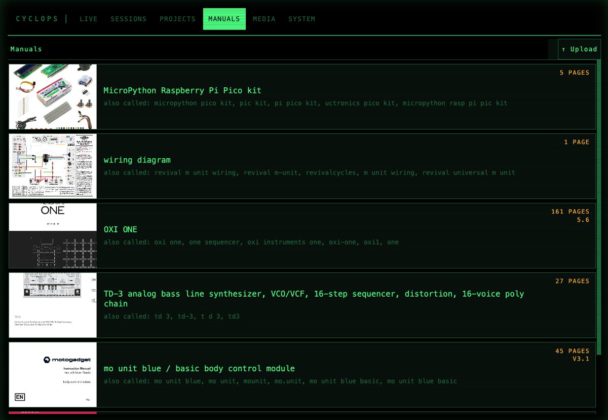 The Manuals page: uploaded PDF manuals with page counts