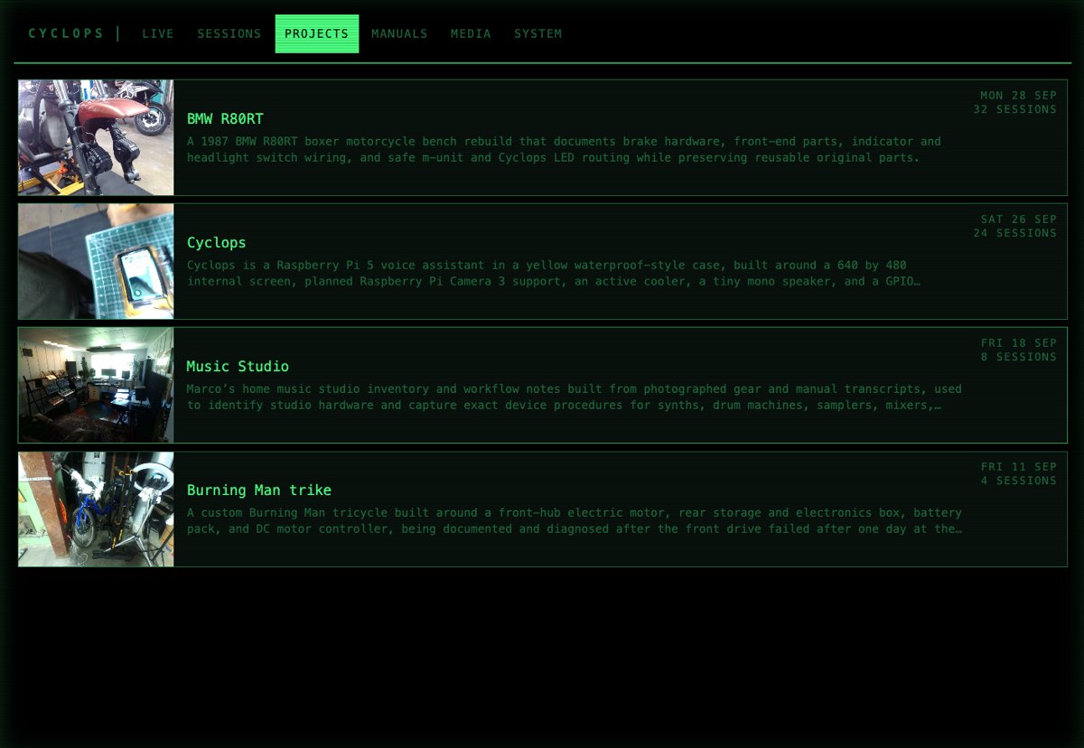 The Projects page: a motorcycle rebuild, Cyclops itself, a music studio and a trike