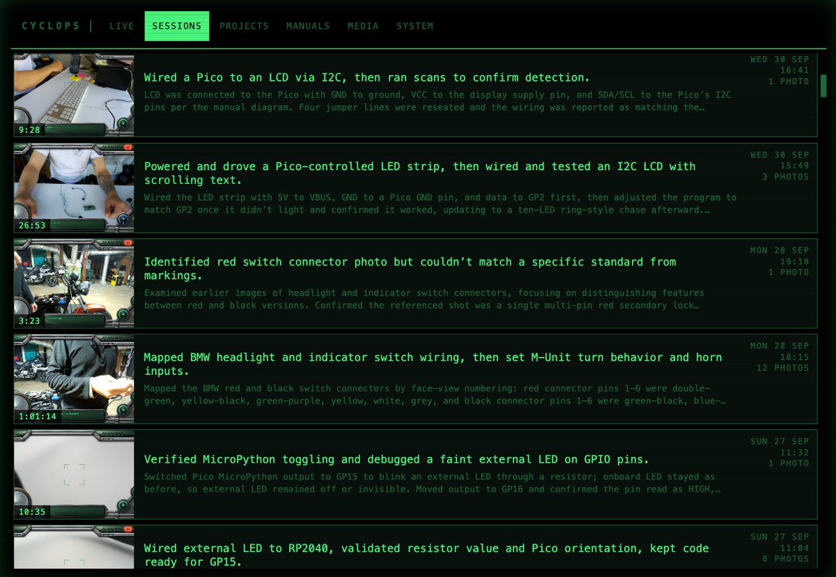 The Sessions page: a list of past sessions with thumbnails and summaries